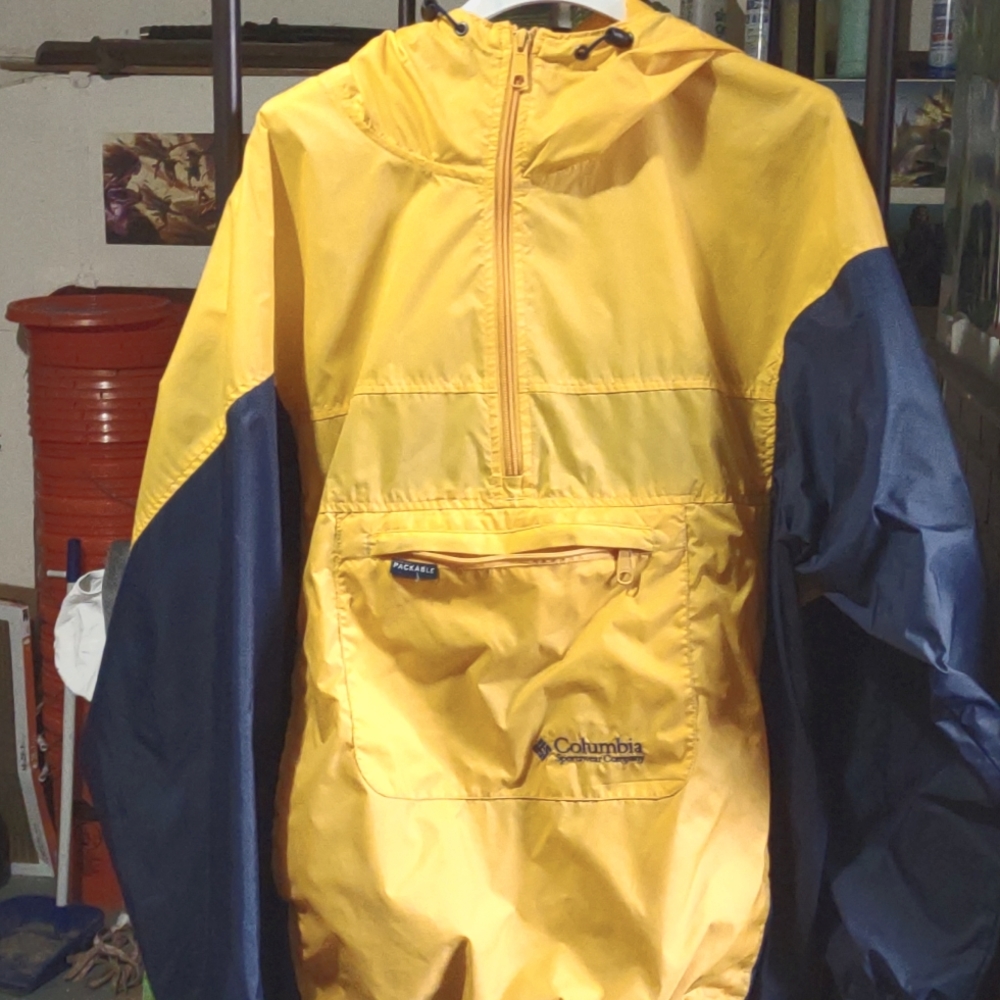 It's a lightweight like windbreaker that folds up into the front pocket